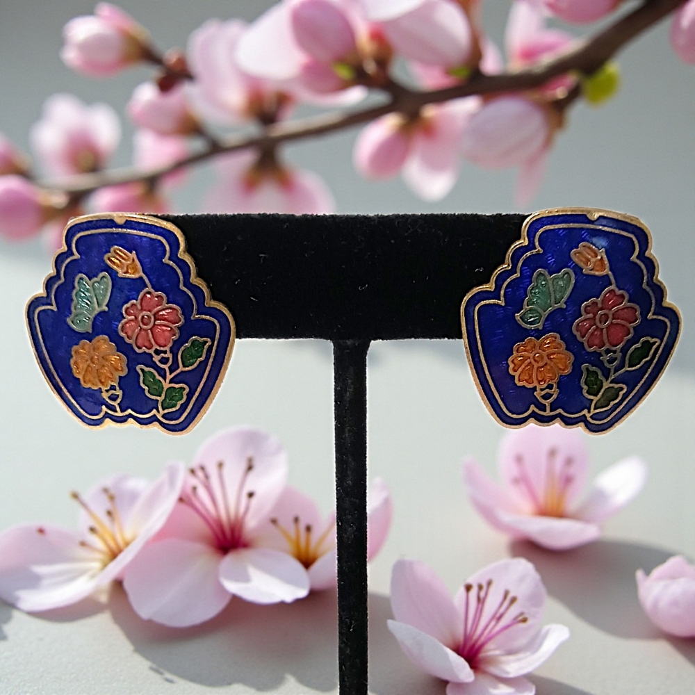 Vintage Cloisonné Earrings Butterfly Flower‎ Enameled Gold Tone Pierced Cottage